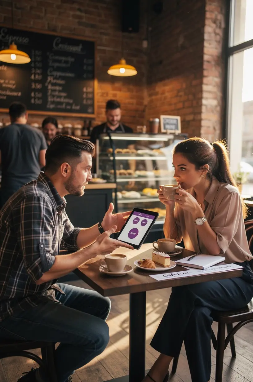 Imaginează-ți o persoană zâmbitoare folosind un laptop, cu icoane de aplicații software simple în fundal.