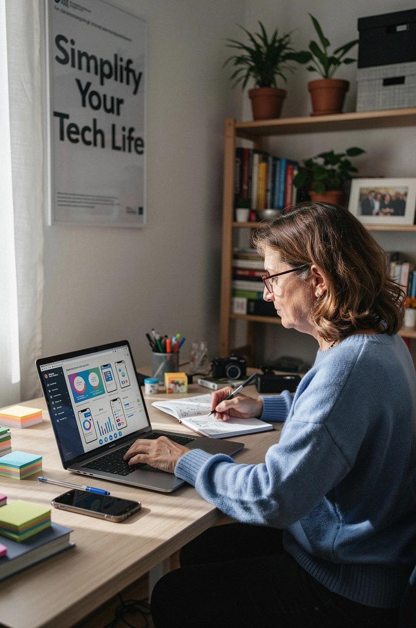 Imaginează-ți o persoană zâmbitoare folosind un laptop, înconjurată de iconițe simple ce reprezintă aplicații și software accesibile, ilustrând modul în care tehnologia complexă devine ușor de înțeles pentru utilizatorii obișnuiți.